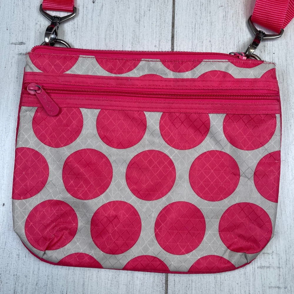 Thirty-One Crossbody Bag Pink Grey Polka Dot Small Ripstop‎ Organizer Excellent